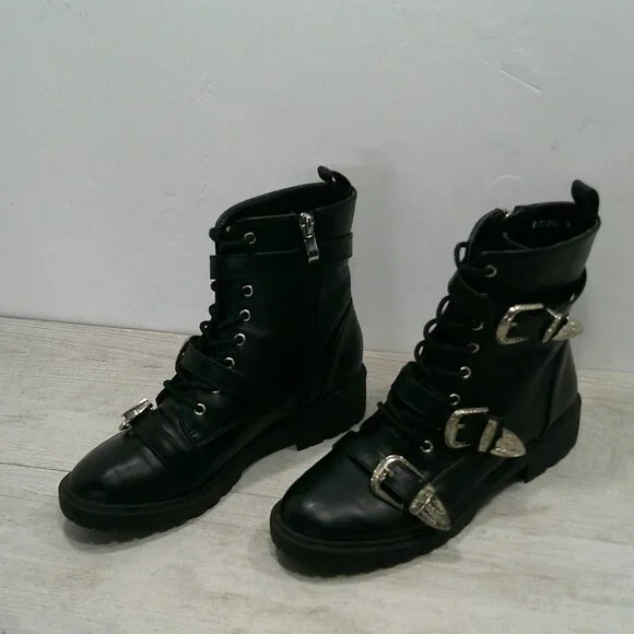 Dolls Kill Combat Moto Lace up Black Boots with Silver Buckle Strap Size 6 - Picture 5 of 13